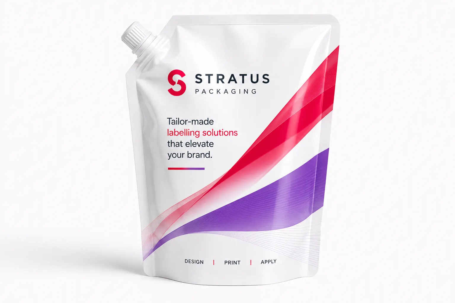 Doypack blanc avec les vagues rouge et violette de la marque Stratus