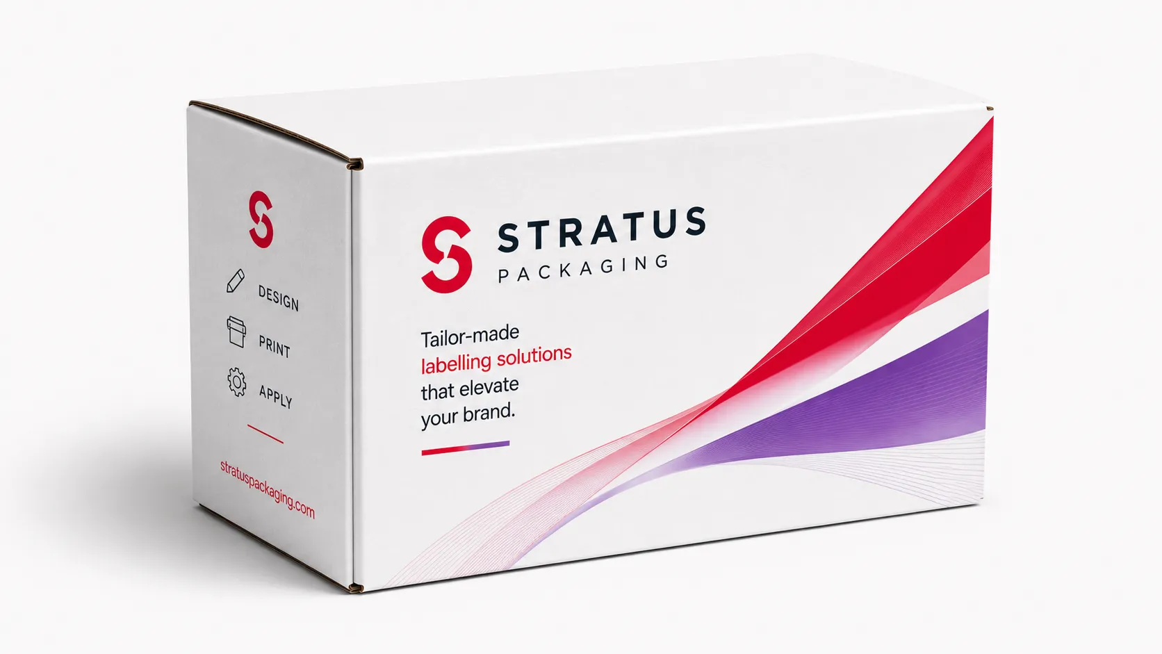 Boîte en carton ondulé blanche avec le graphisme rouge et violet Stratus