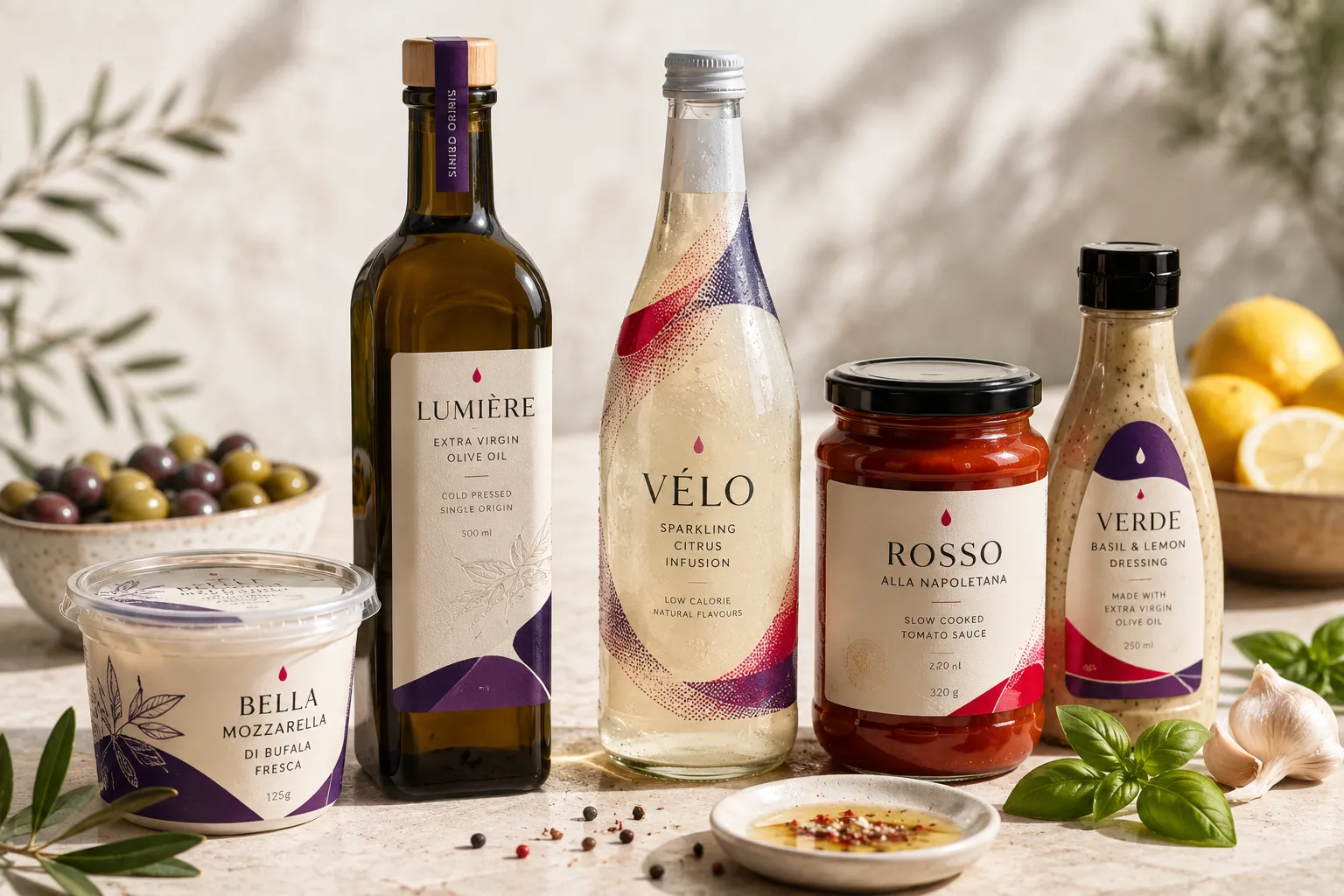 Produits alimentaires étiquetés Stratus sur un étal de marché : vin, huile d'olive, miel, confiture et granola