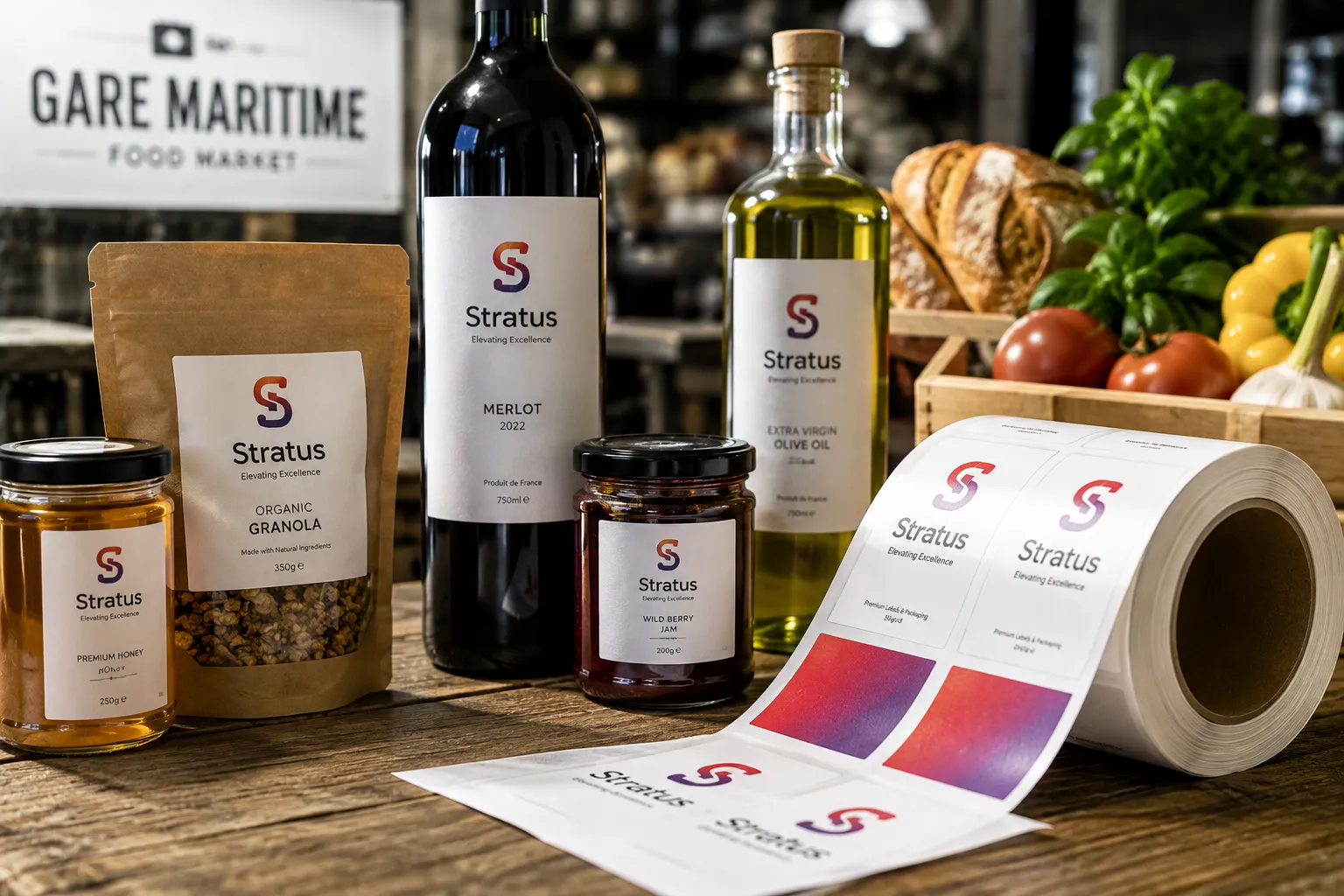 Produits alimentaires étiquetés Stratus sur un étal de marché : vin, huile d'olive, miel, confiture et granola