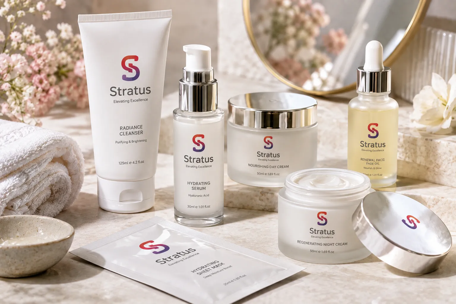 Gamme de soins cosmétiques Stratus dans une salle de bain en pierre claire