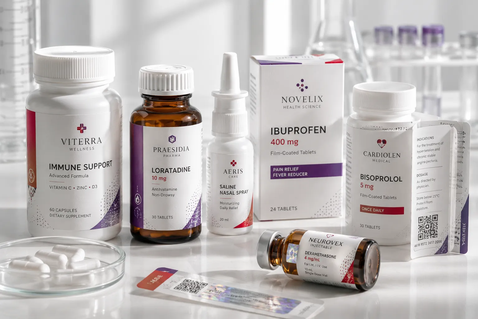 Emballages pharmaceutiques Stratus : boîtes de comprimés, flacon d'injection et ampoule sur une paillasse en marbre