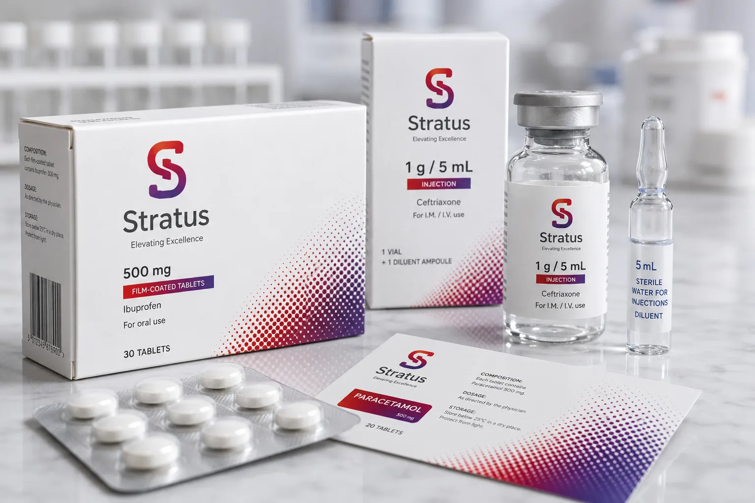 Emballages pharmaceutiques Stratus : boîtes de comprimés, flacon d'injection et ampoule sur une paillasse en marbre