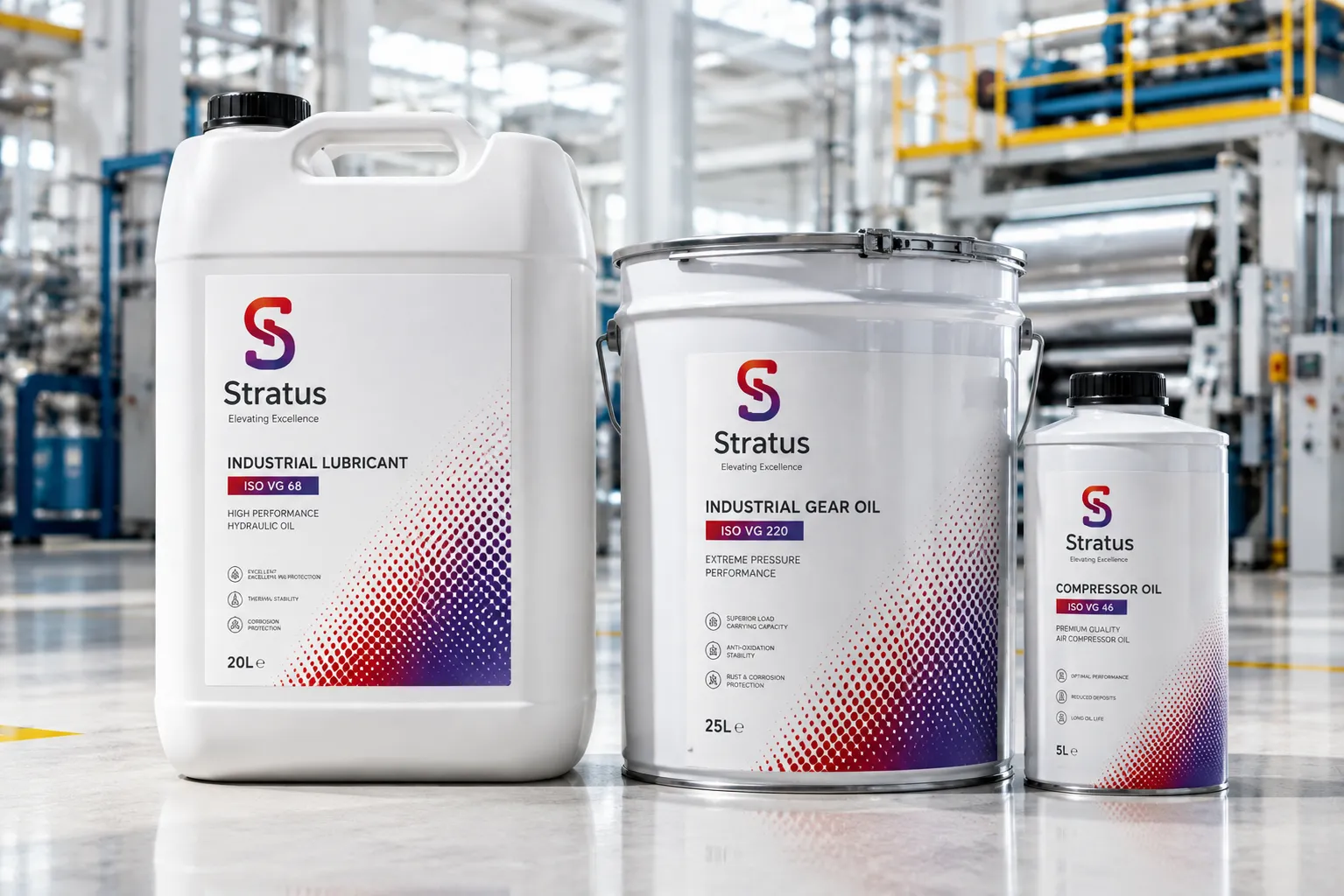 Bidons et fûts de lubrifiants industriels Stratus dans une usine lumineuse