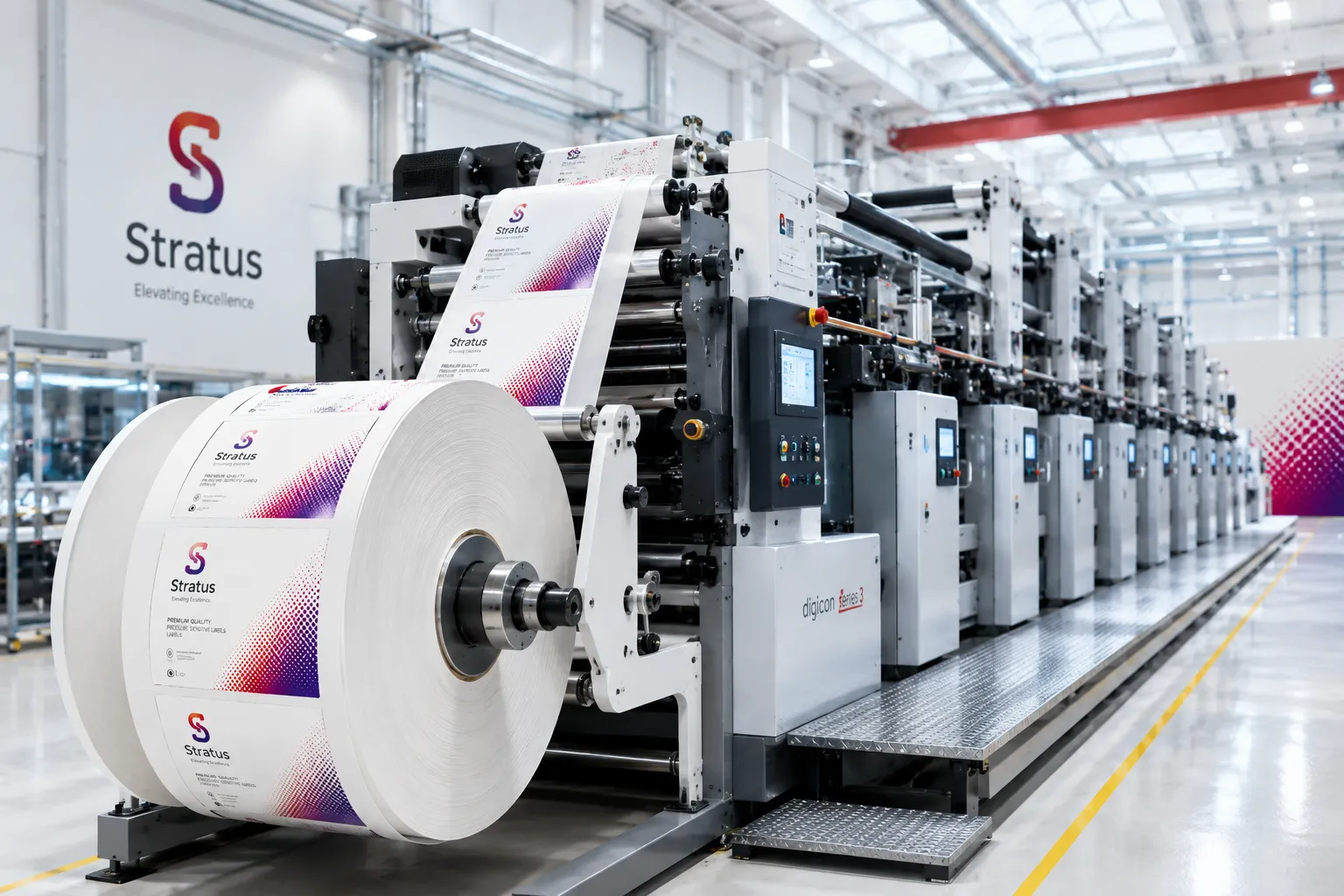 Hall d'impression Stratus : presse flexographique en fonctionnement avec une bobine d'étiquettes géante au premier plan