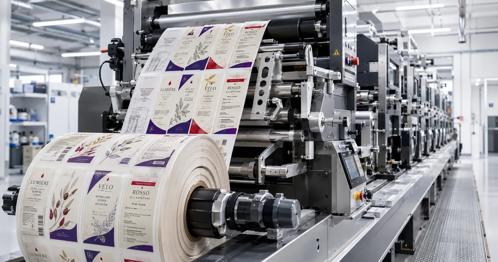 Hall d'impression Stratus : presse flexographique en fonctionnement avec une bobine d'étiquettes géante au premier plan