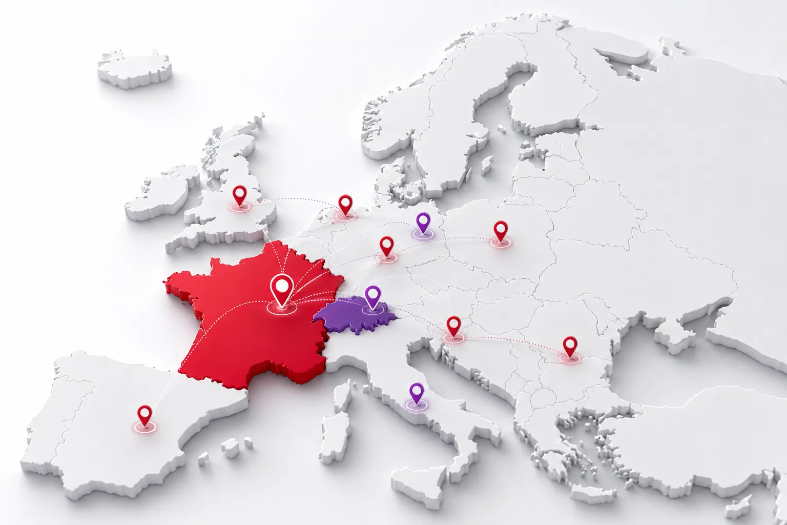 Carte 3D de l'Europe : la France en rouge et la Suisse en violet, reliées à un réseau de sites répartis sur le continent