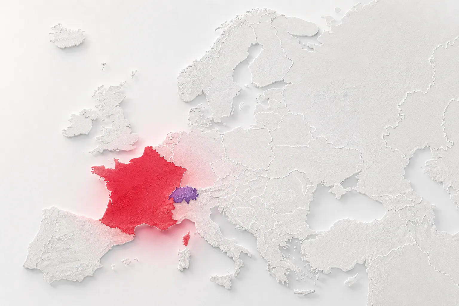 Carte 3D de l'Europe : la France en rouge et la Suisse en violet, reliées à un réseau de sites répartis sur le continent