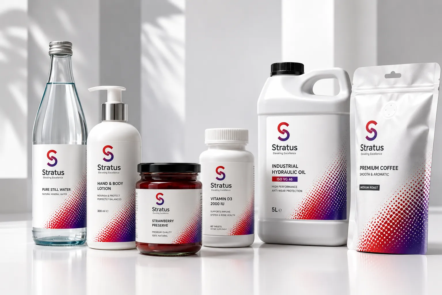 Collection d'emballages habillés par Stratus : bouteille d'eau, flacon de soin, pot de confiture, complément alimentaire, bidon industriel et sachet de café