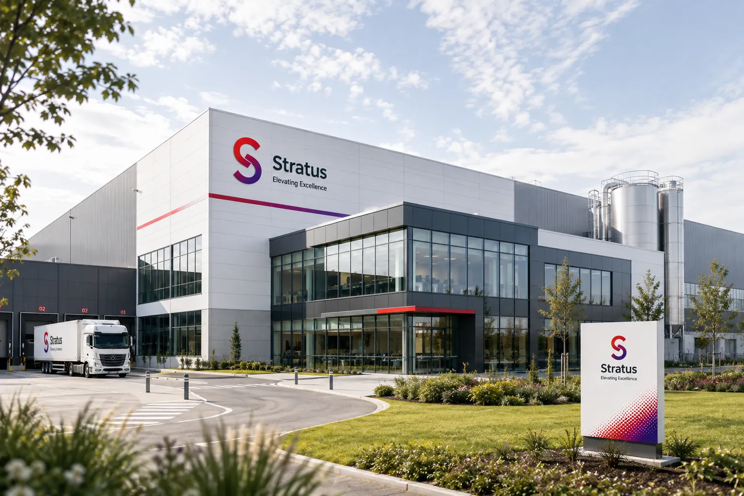 Site de production Stratus Packaging : bâtiment industriel moderne avec enseigne et camion à quai